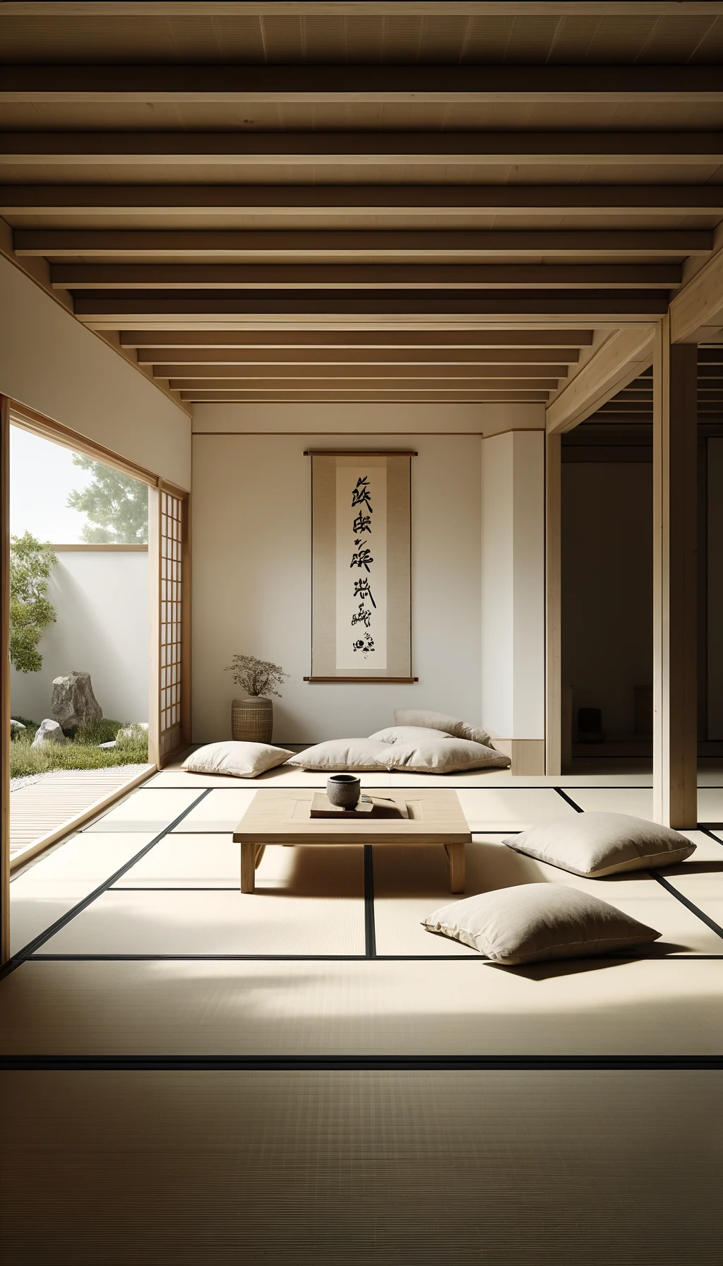 A minimalist living room inspired by Japanese Zen design.