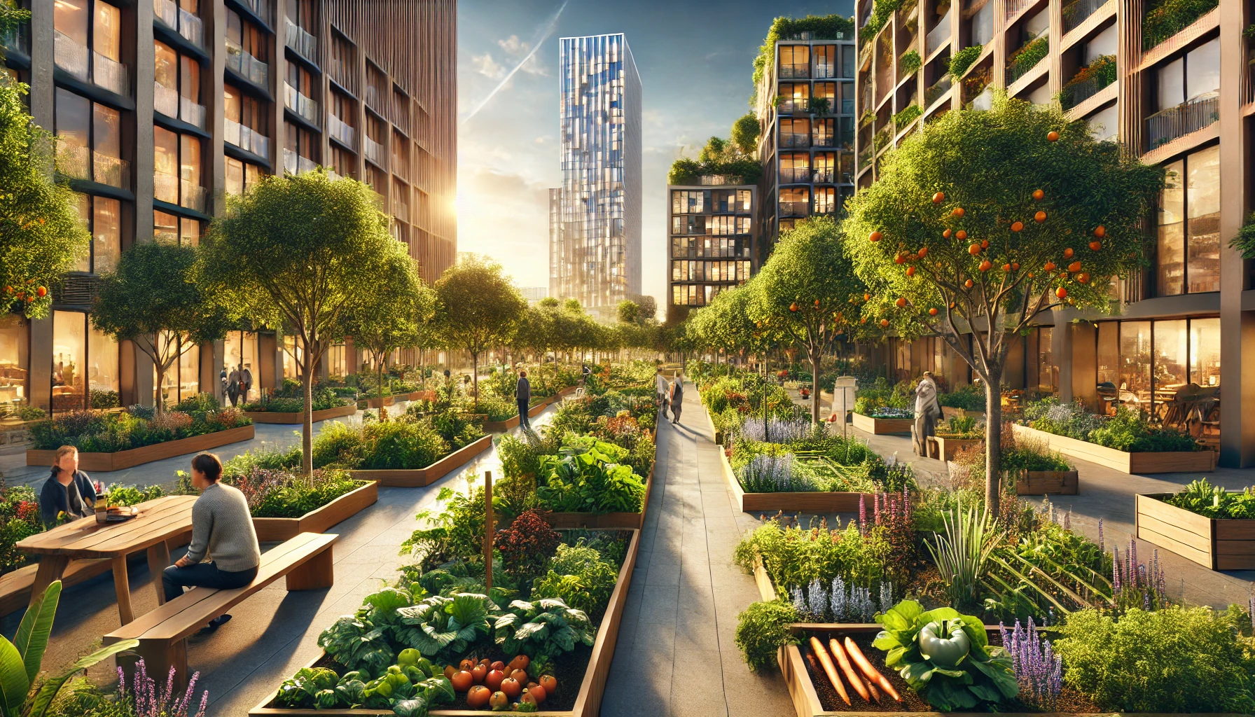 A vibrant urban edible landscape in a modern city