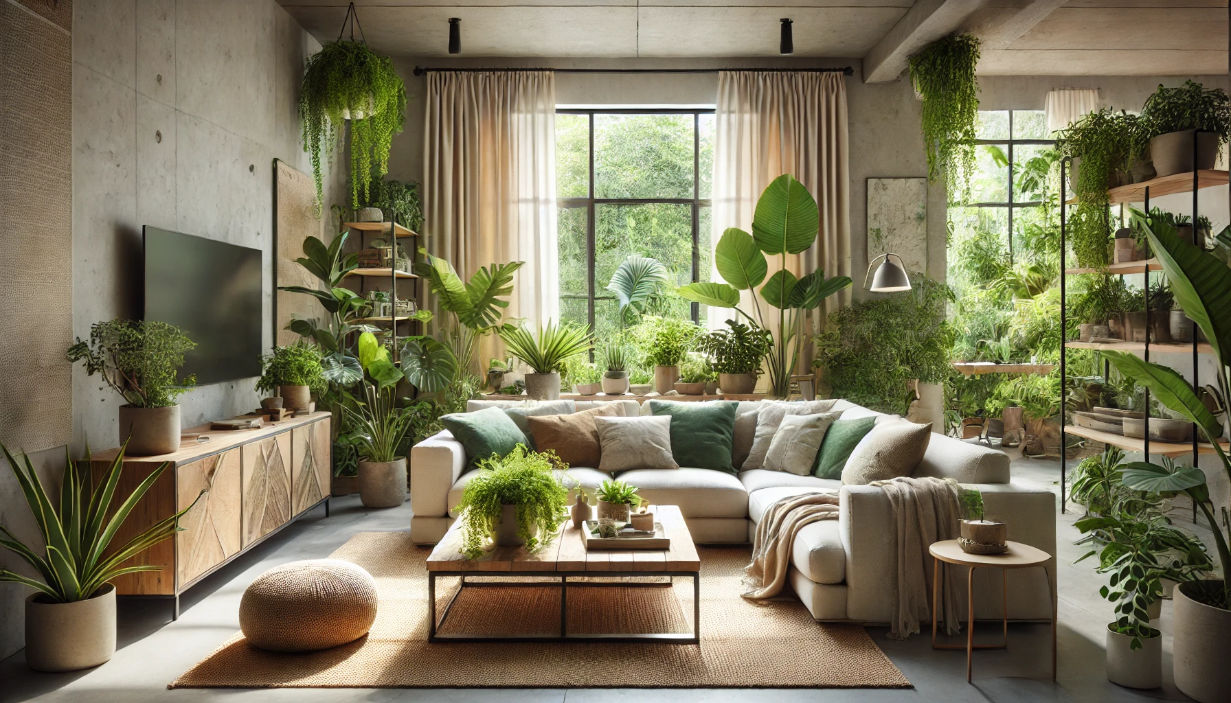 A cozy, biophilic-designed living room with lush greenery and natural materials