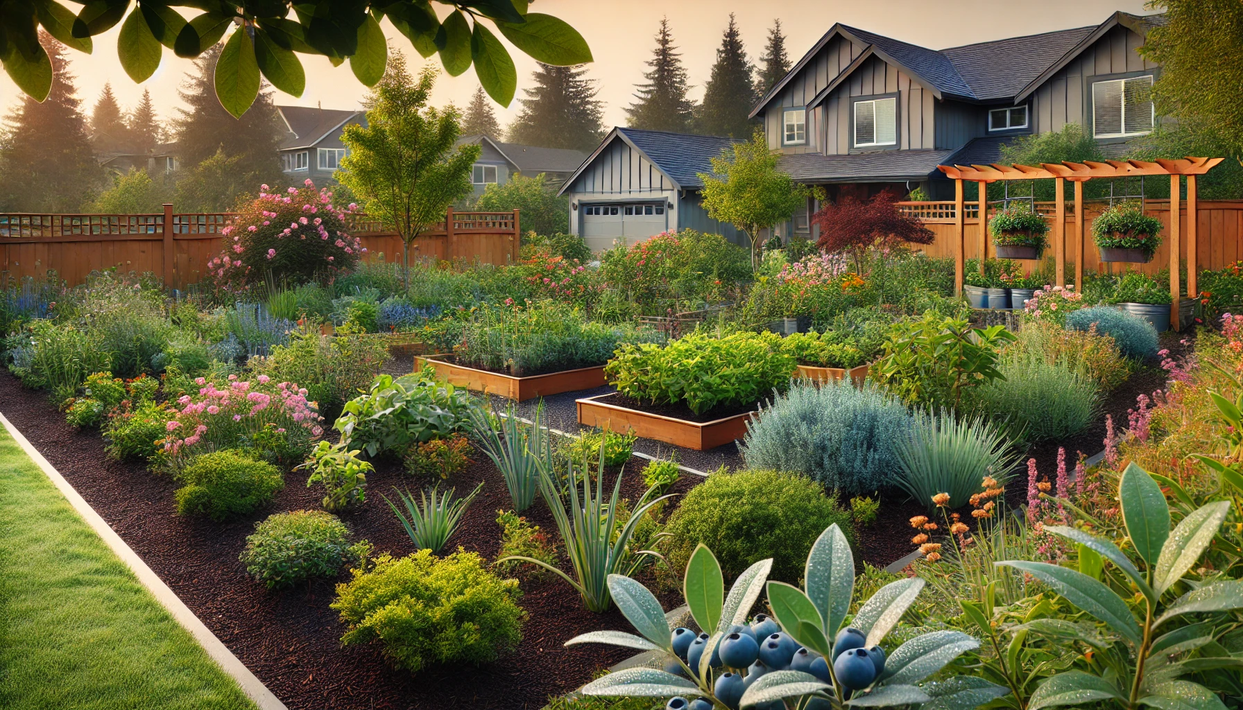 A serene residential edible garden in a suburban setting