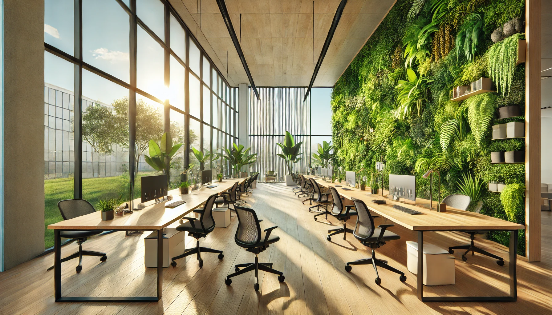 A modern office featuring biophilic design elements such as a green wall and abundant natural lighting