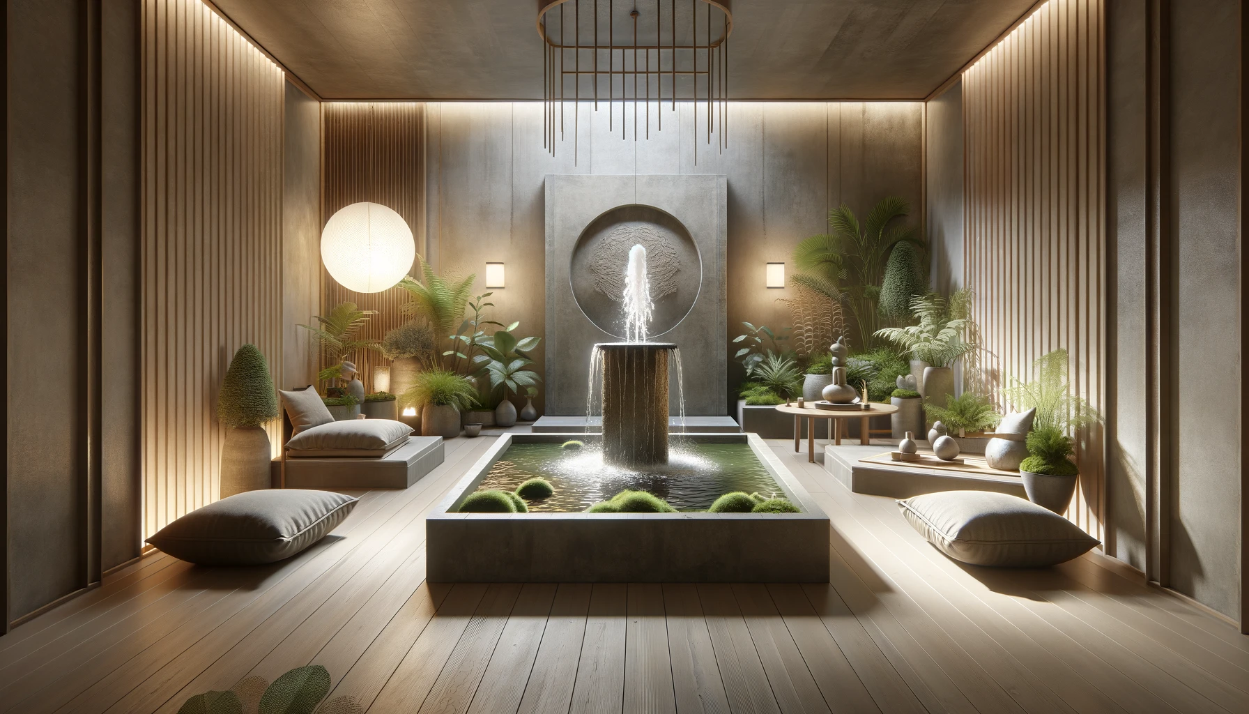 A tranquil indoor space featuring a water fountain as the centerpiece of biophilic design