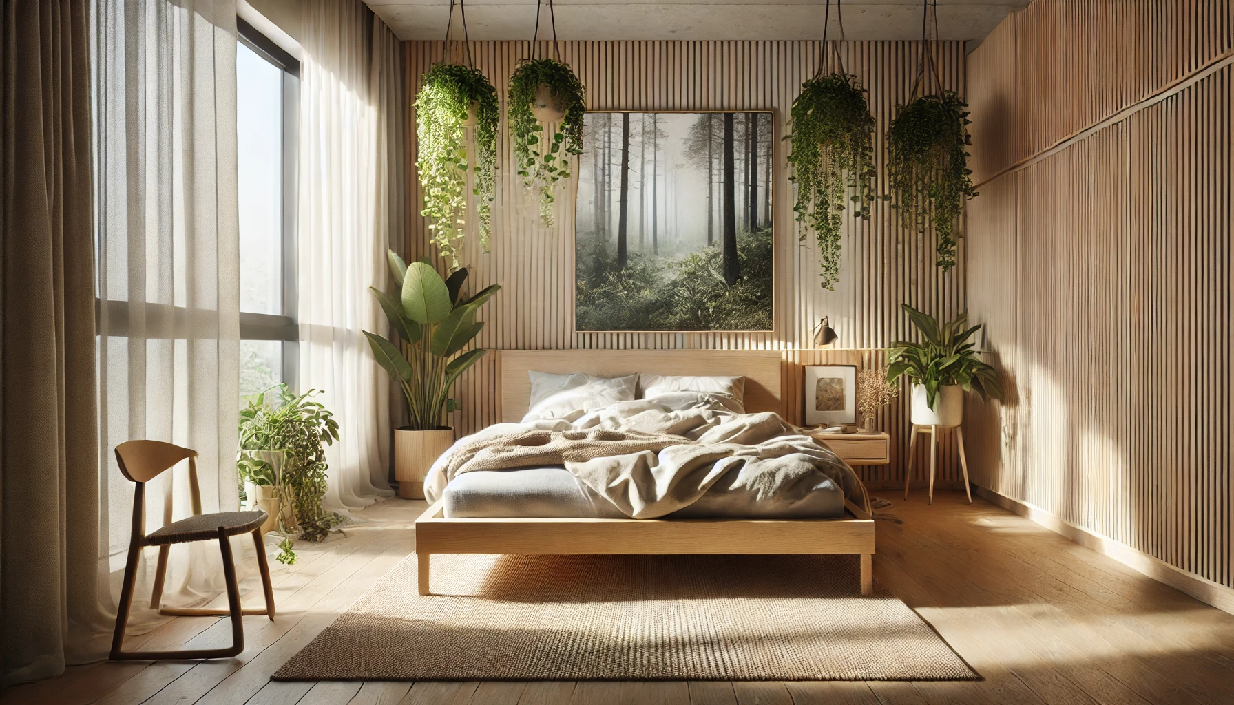 A calming bedroom with biophilic elements, creating a serene retreat