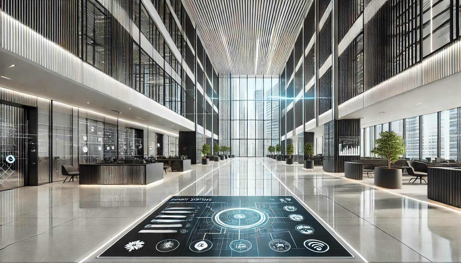 A sleek and high-tech smart office lobby with precise geometric lines, showcasing