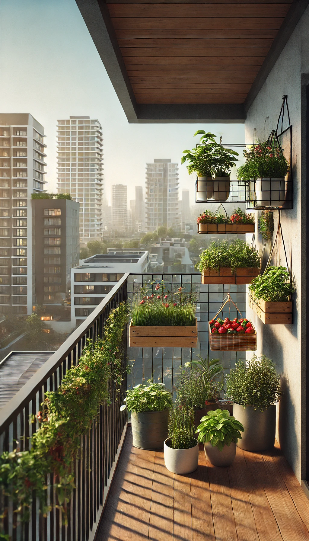 A small urban balcony garden in a high-rise apartment setting, showcasing a creative use of vertical space for edible plants