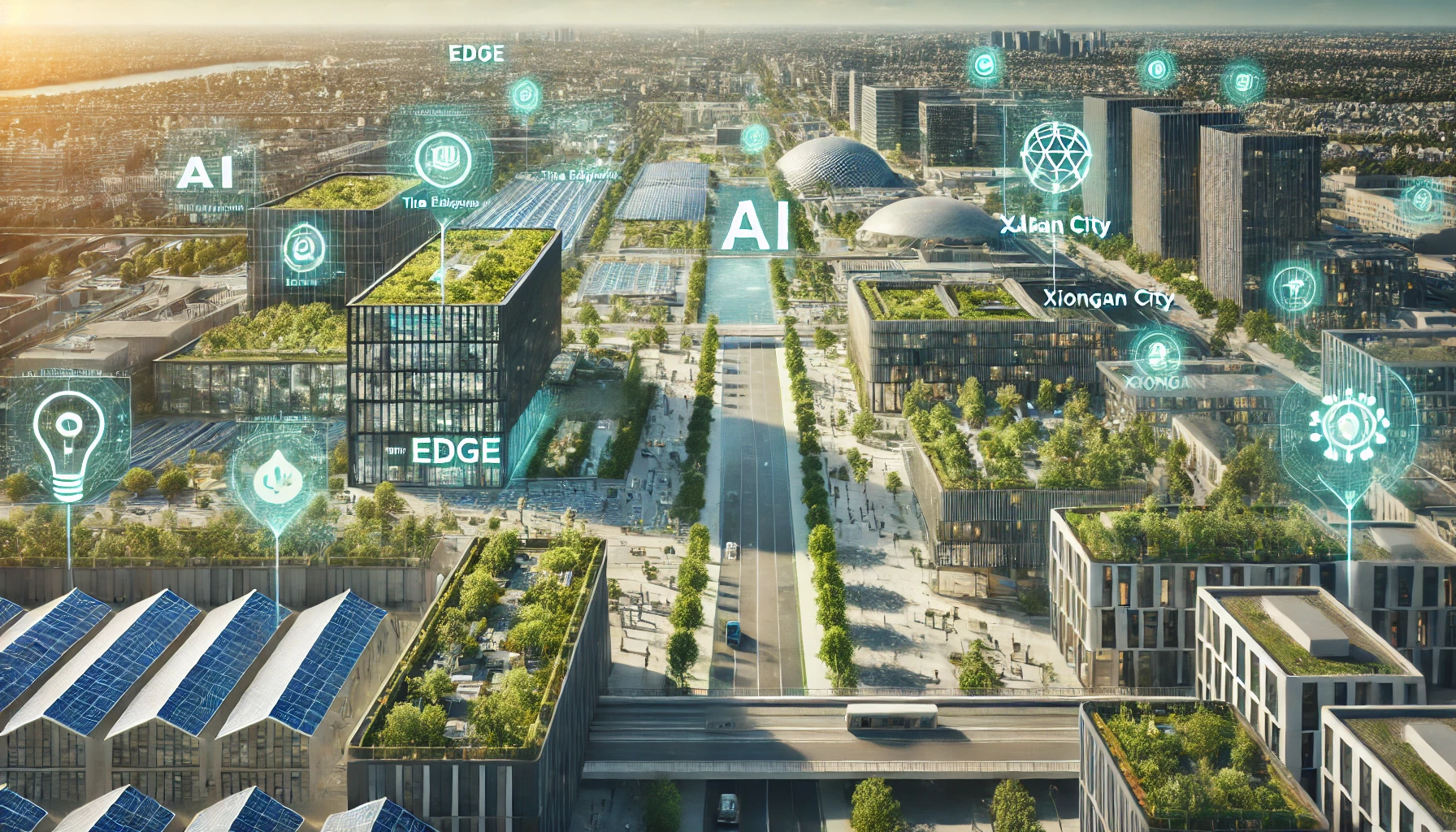 A bird's-eye view of two urban landscapes showcasing AI-driven sustainability