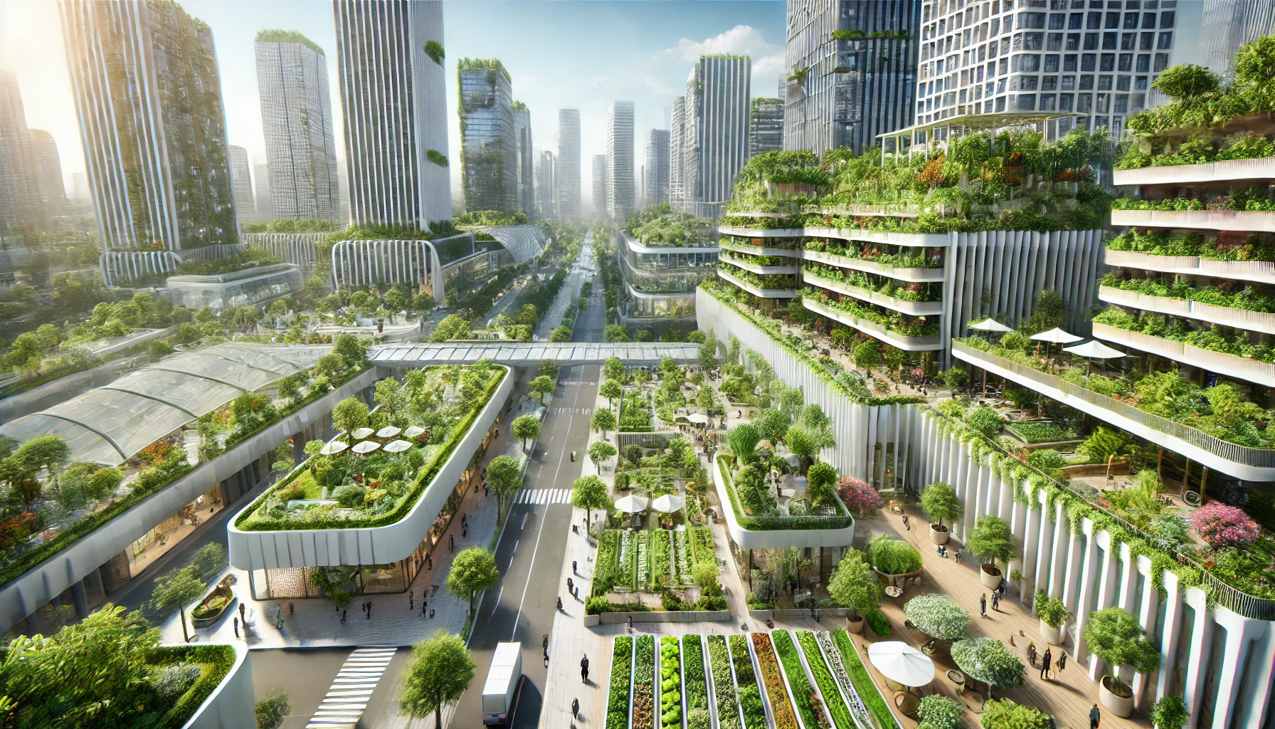 A futuristic cityscape featuring edible landscaping integrated into rooftop gardens and public spaces