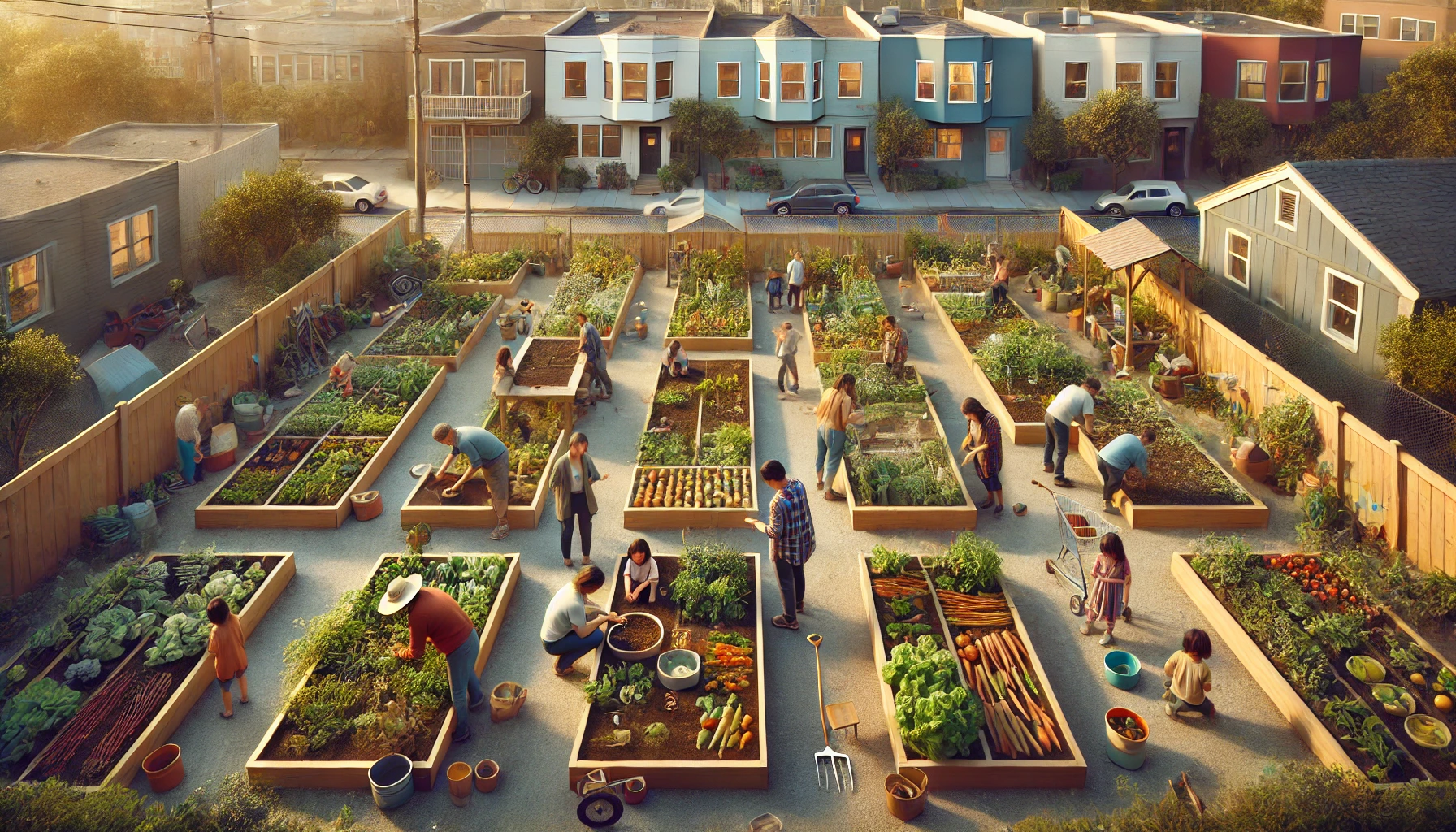 A lively community garden in an urban residential area