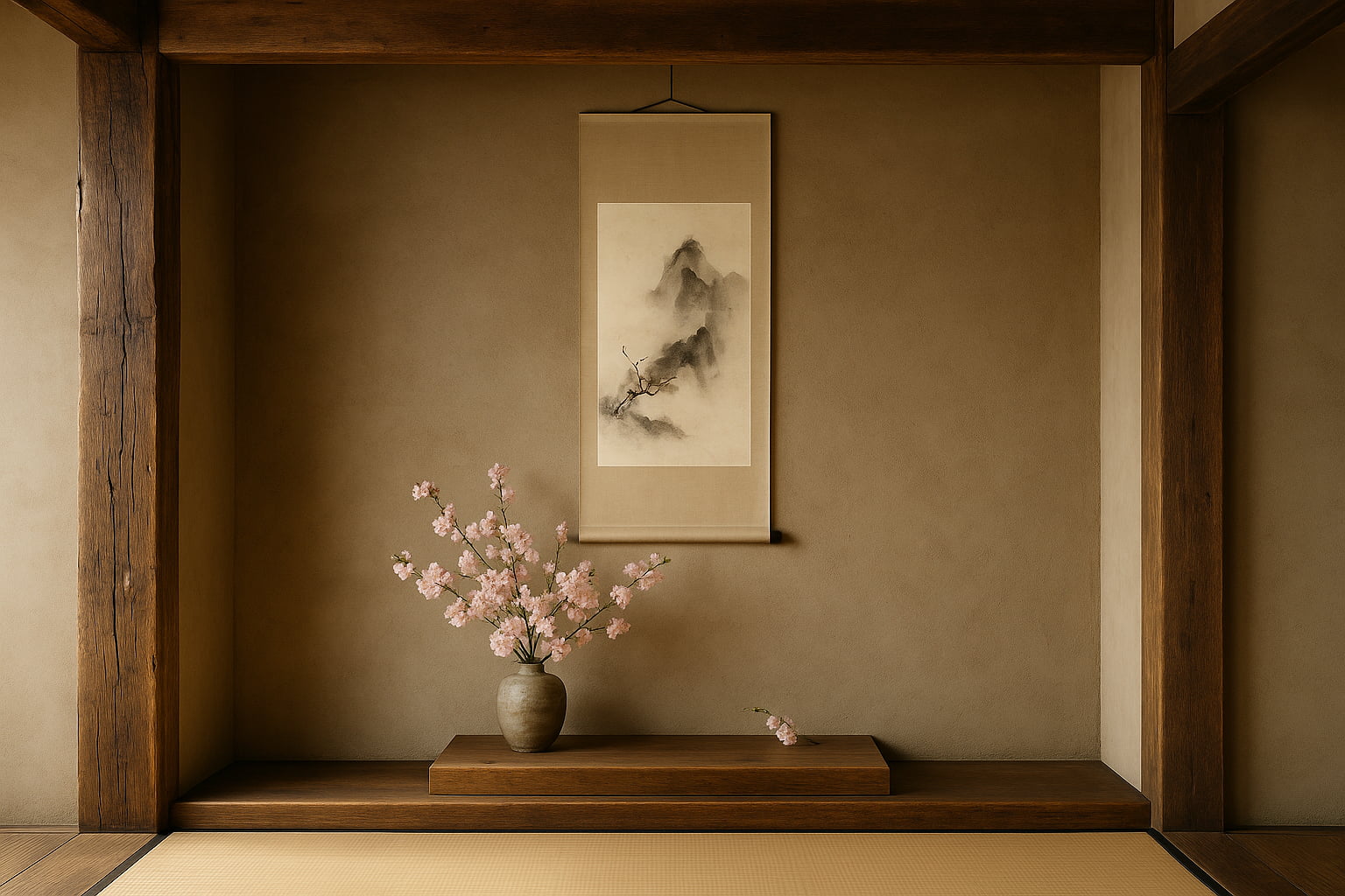 Serene Japanese Alcove with Cherry Blossoms