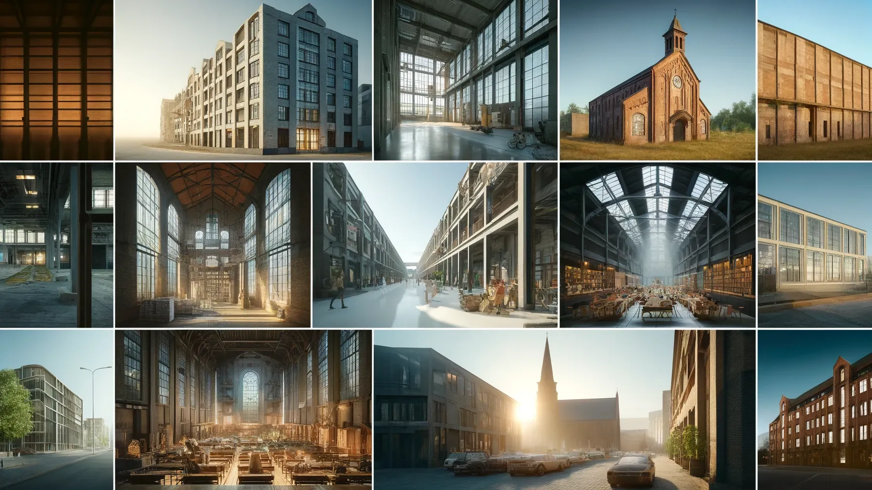 A collage showcasing different adaptive reuse projects with before and after images