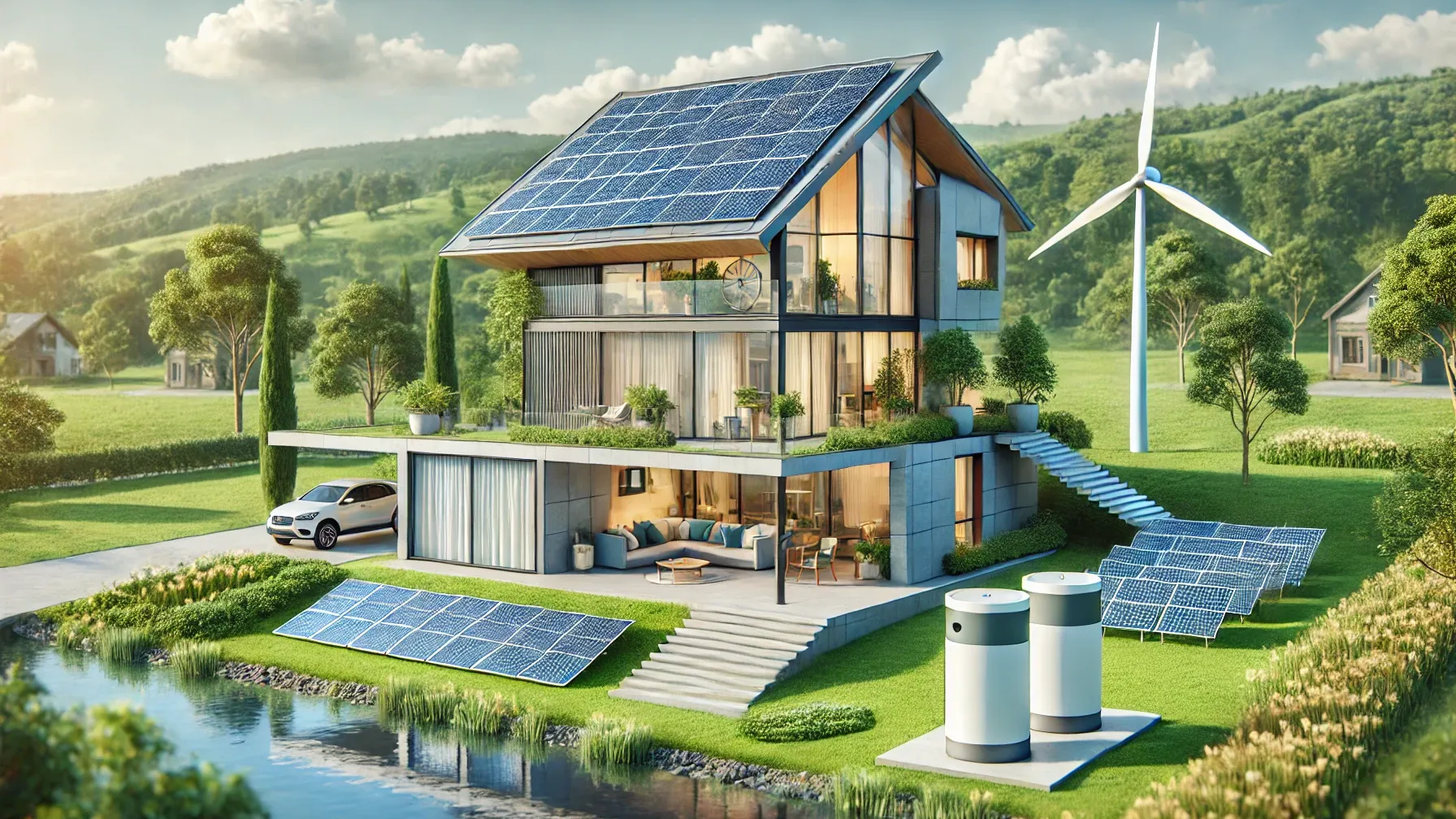 A futuristic net-zero home with solar panels on the roof