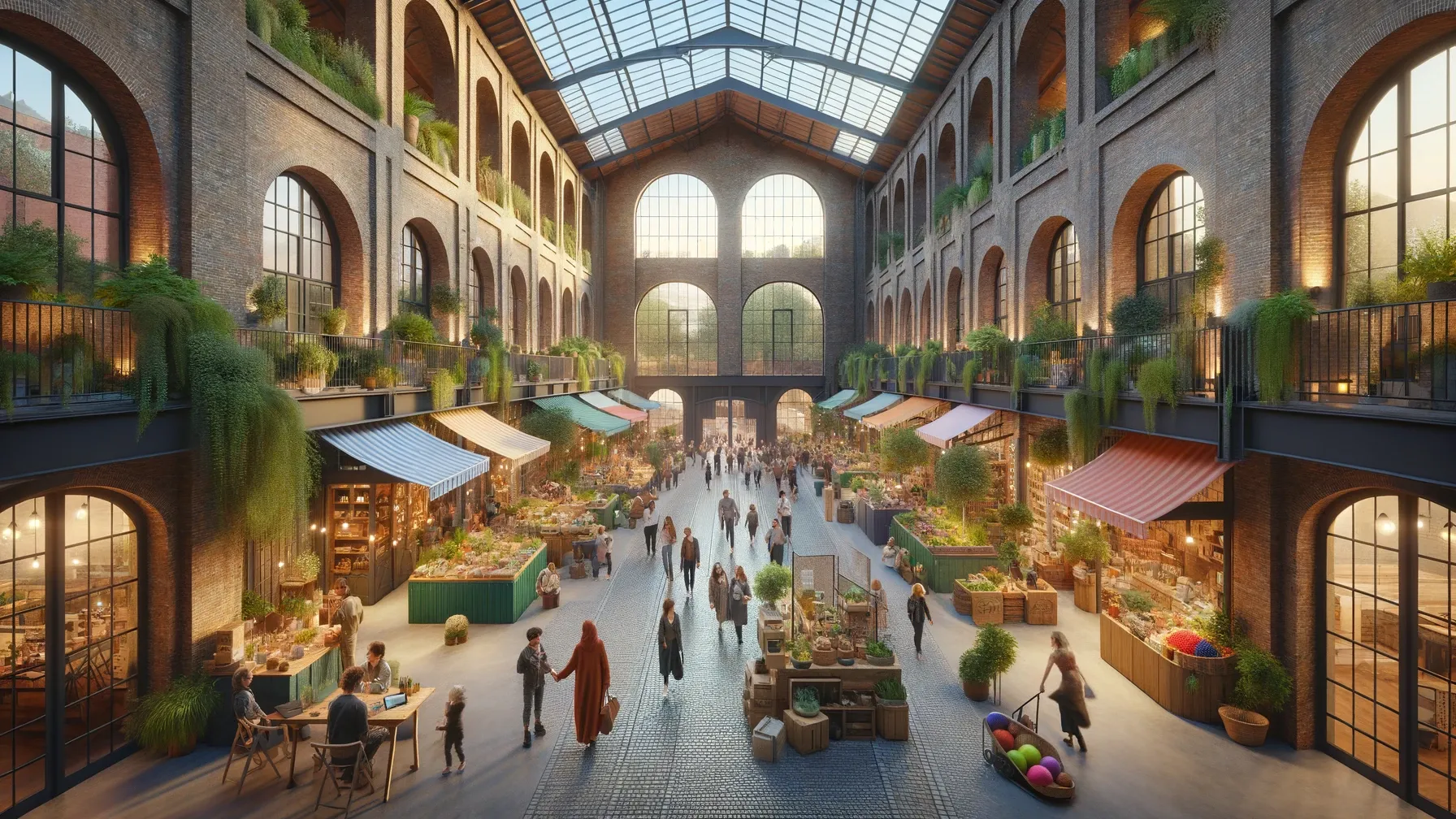 vibrant market or community space created from an old brick warehouse
