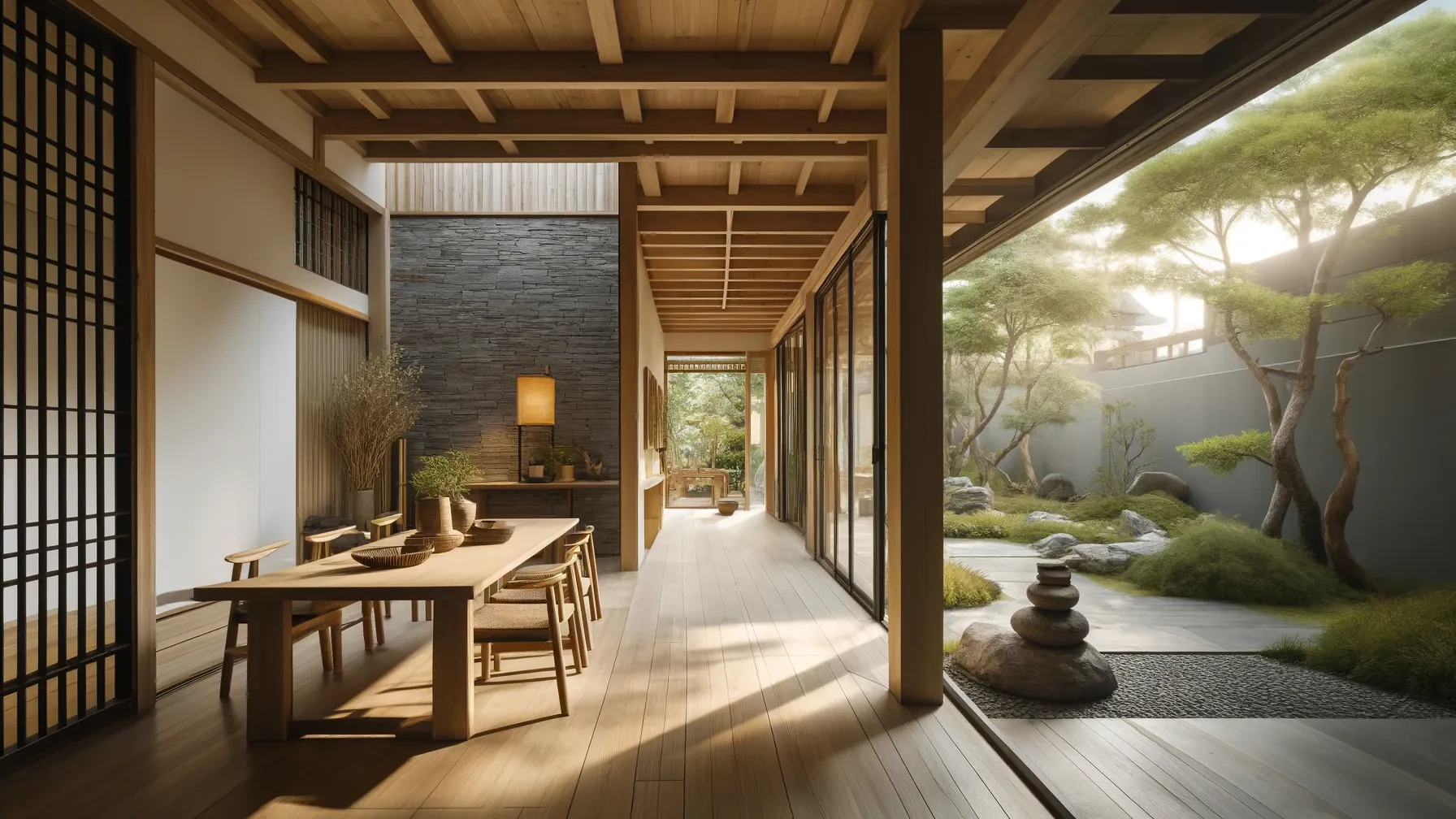 A modern home interior showcasing the use of natural materials in Zen design