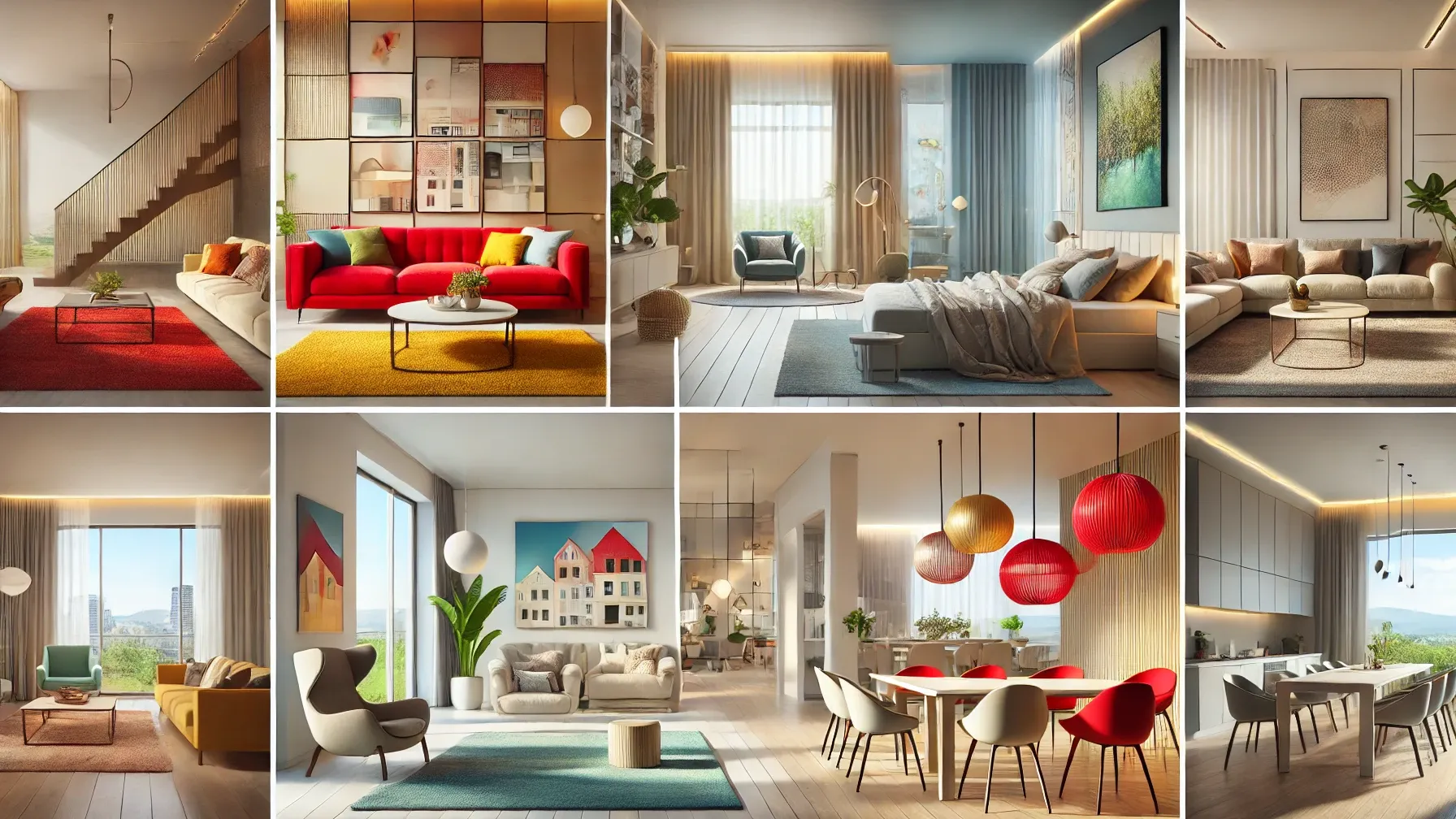 A photorealistic collage of modern interior design elements