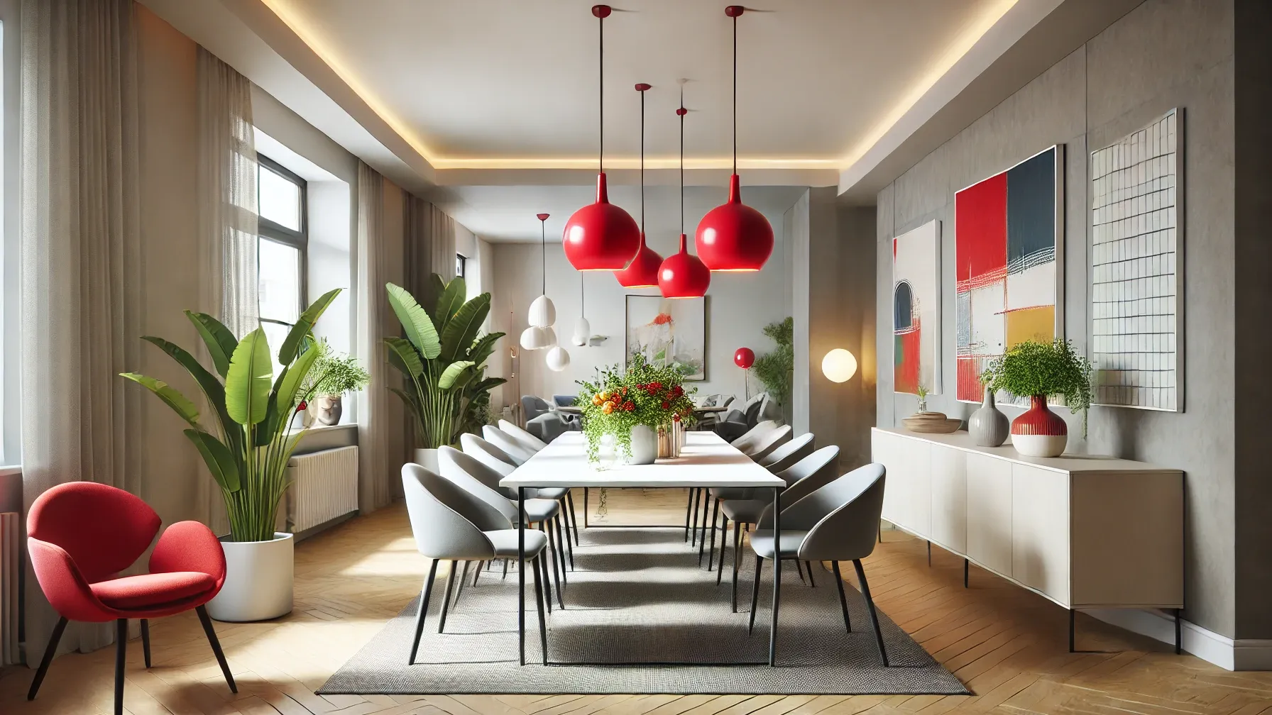 A photorealistic contemporary dining room highlighting the use of accent colors and accessories