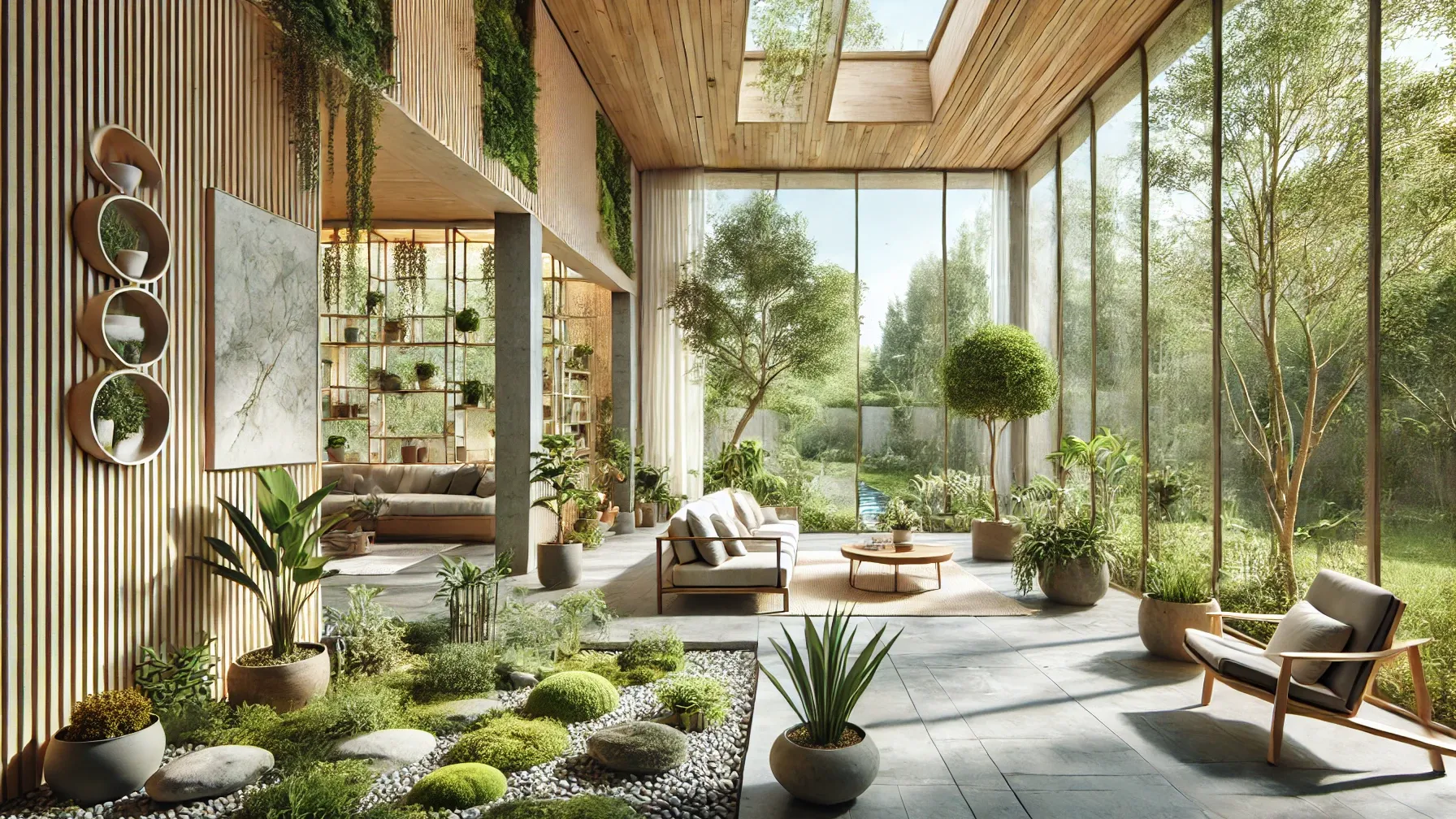 An interior space designed with biophilic principles