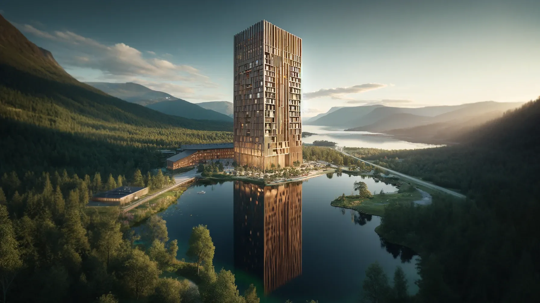A detailed view of Mjøstårnet, the world's tallest timber building