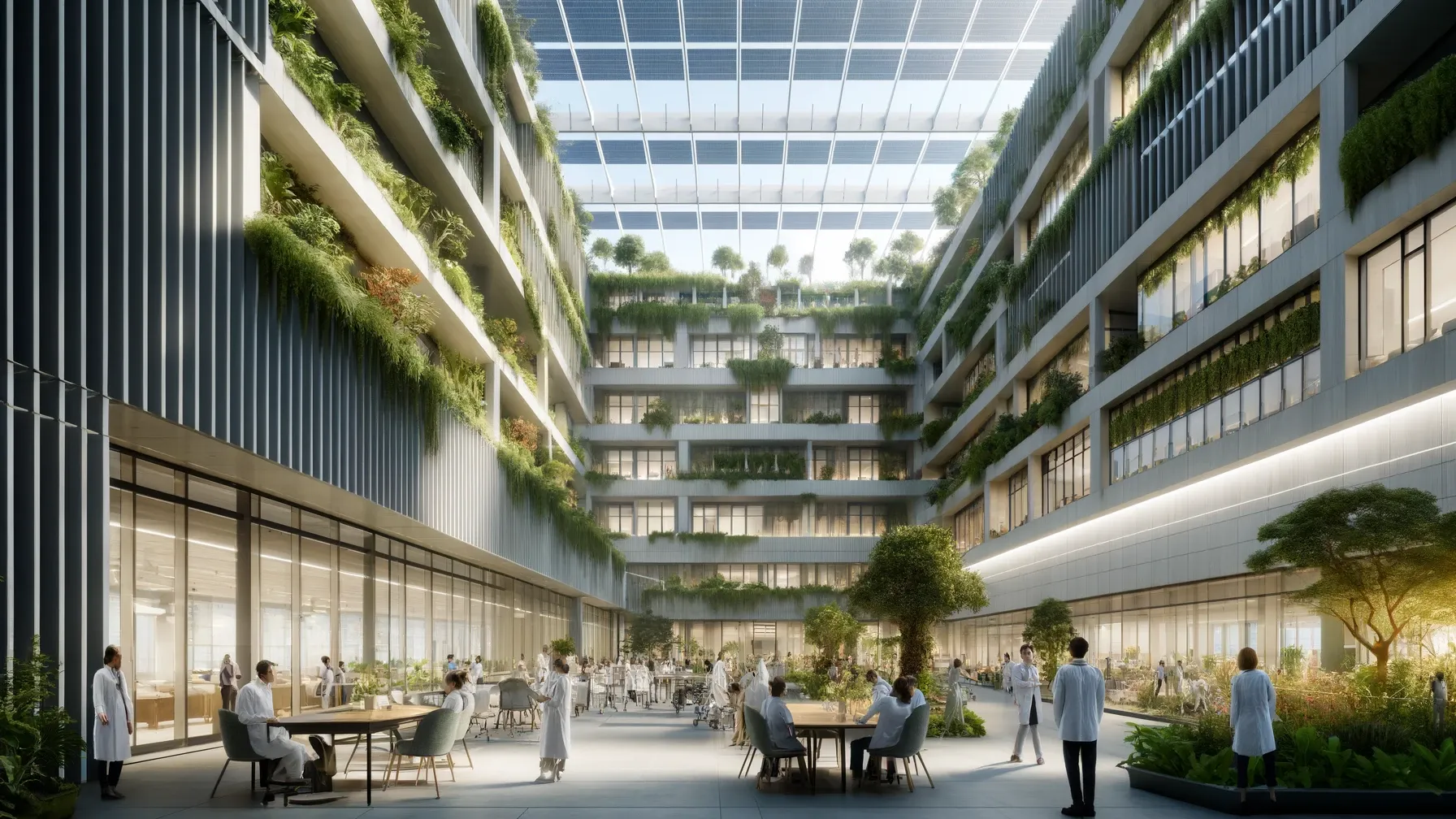 A modern hospital complex with extensive biophilic design elements