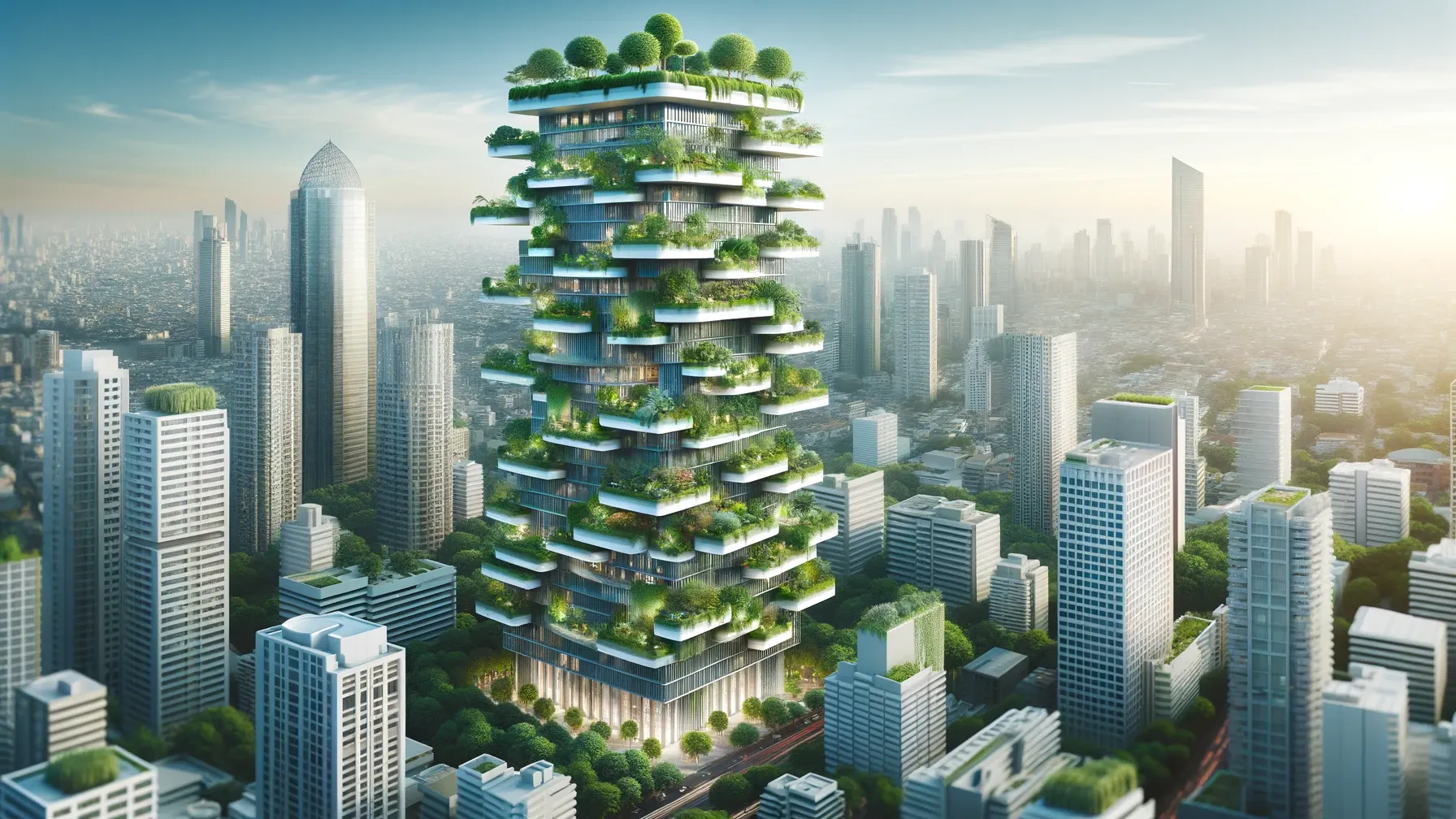 An urban skyscraper incorporating lush greenery throughout its structure