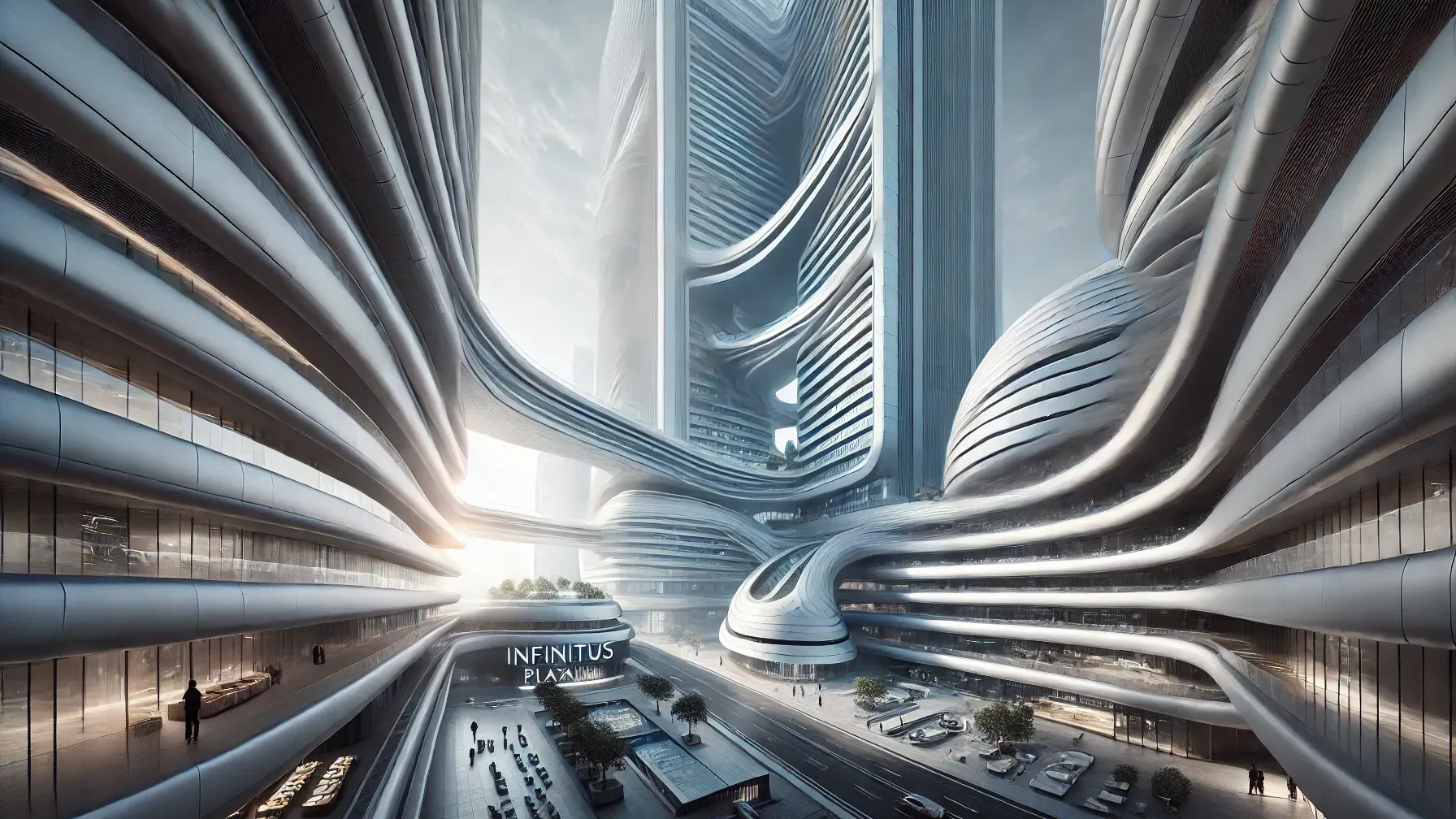 Depict the fluid futuristic design of Infinitus Plaza in Guangzhou 