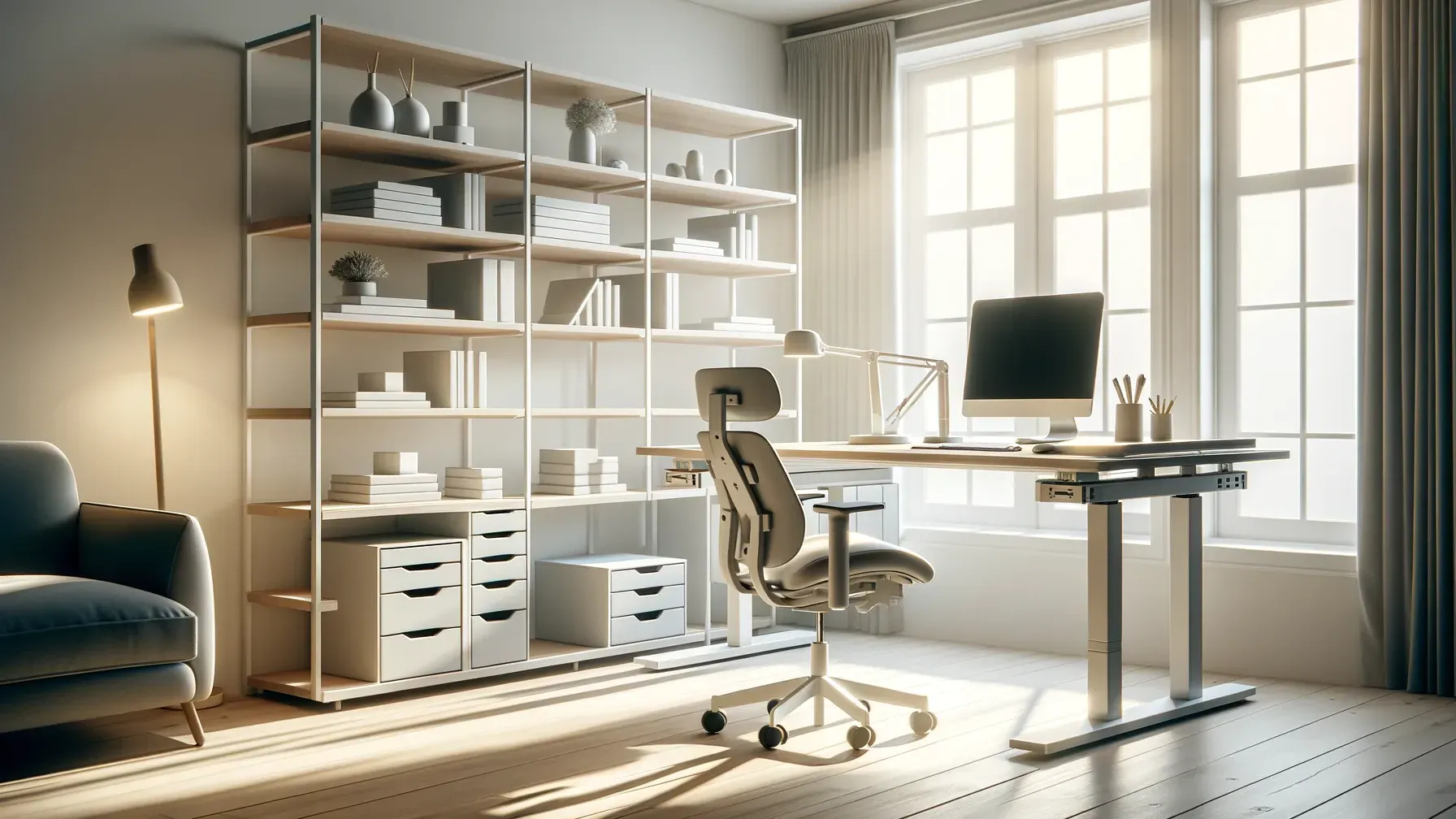 A bright and versatile home office setup with modular furniture