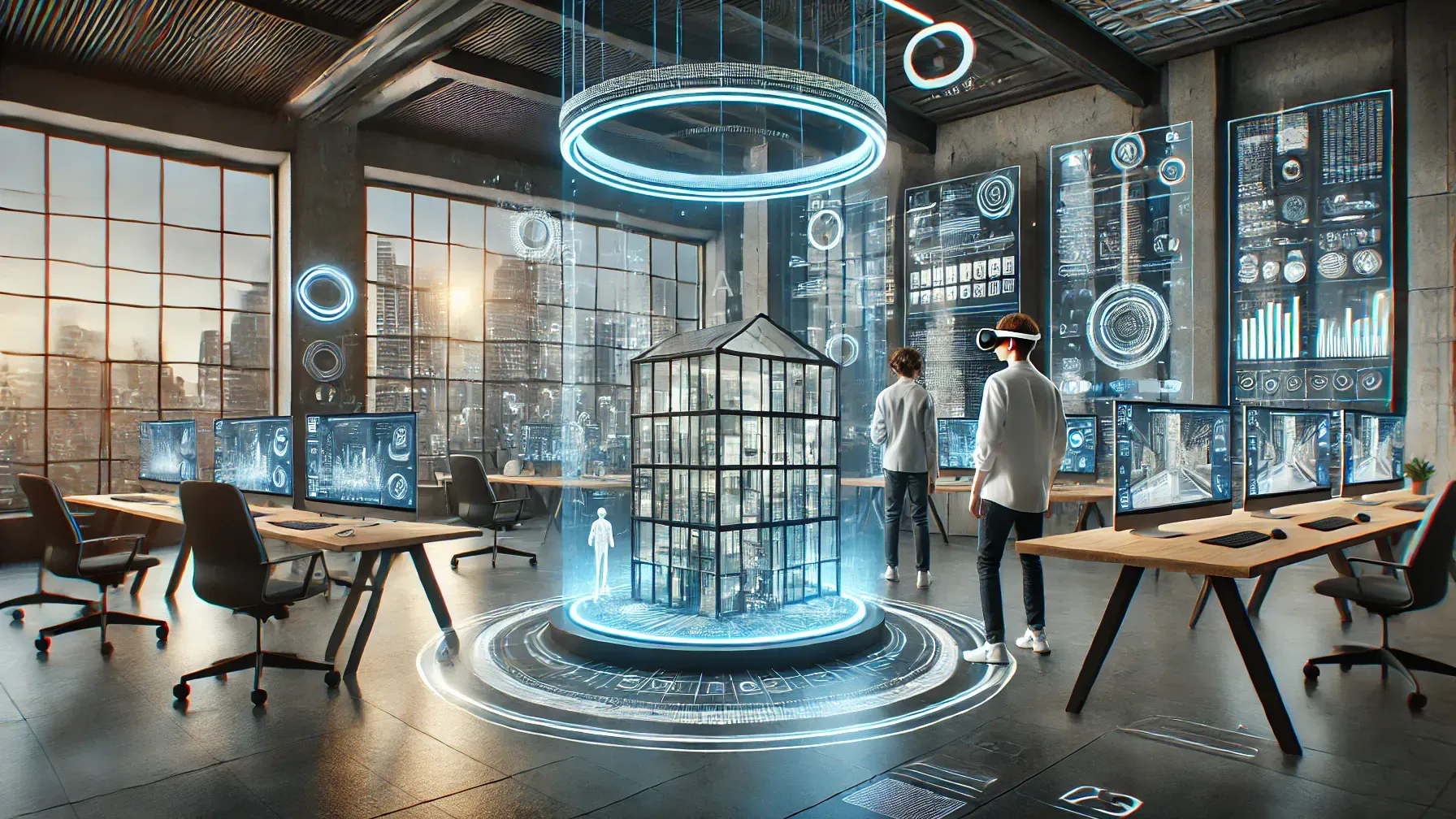  The scene includes holographic displays showcasing various building or room desig