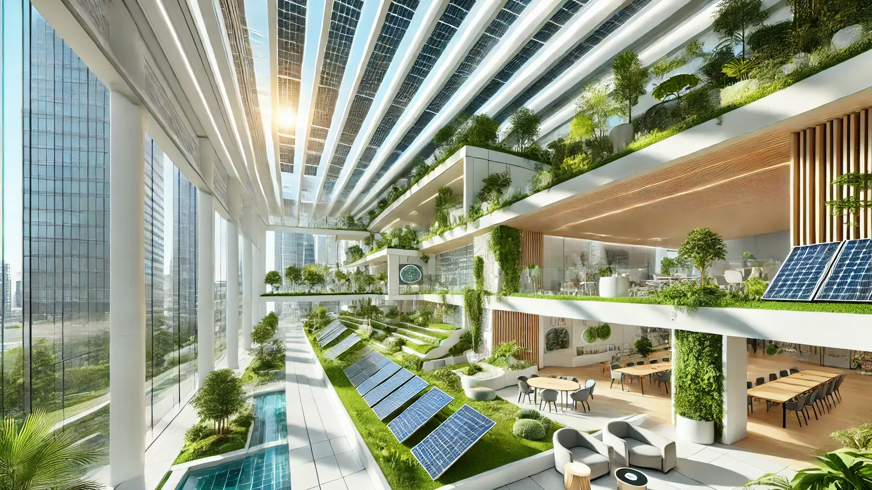 A modern building or interior space integrating sustainable