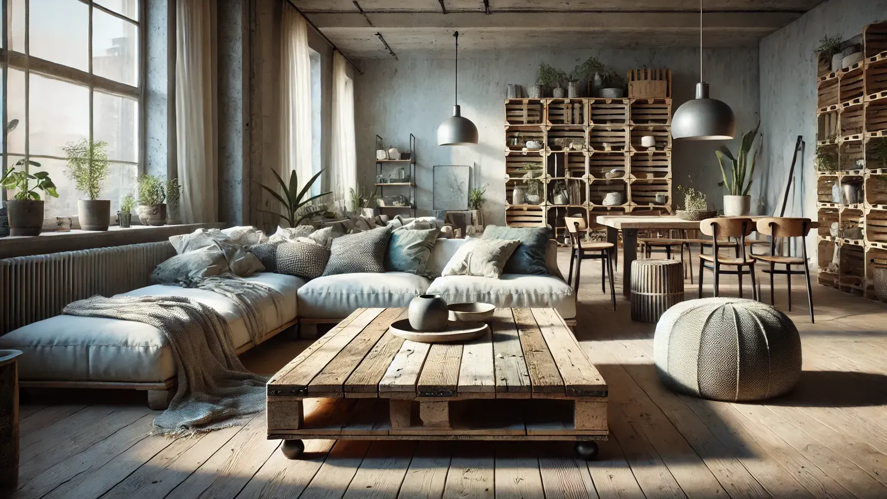 A modern living room featuring upcycled furniture 