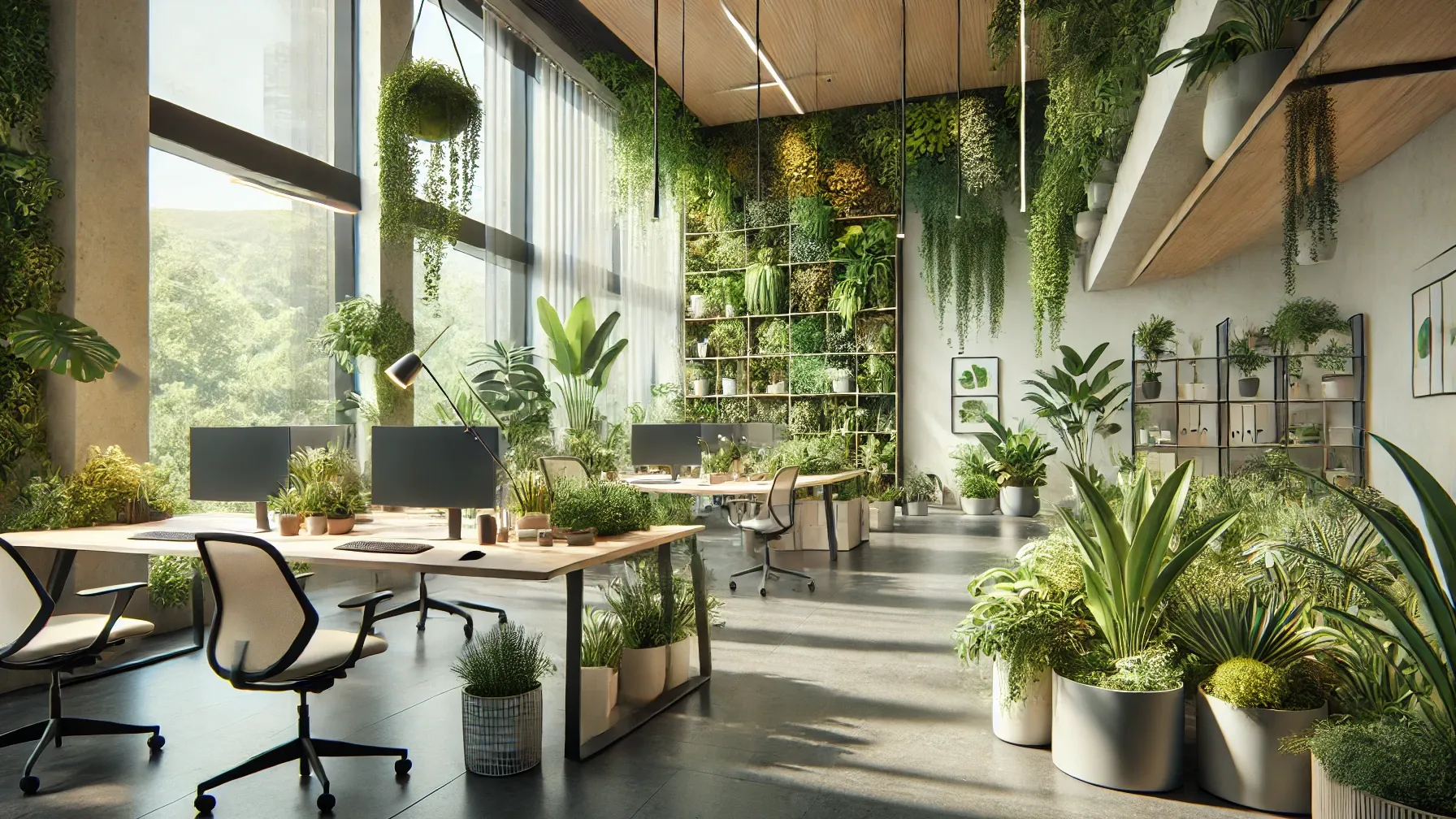 Workspace with indoor plants and greenery