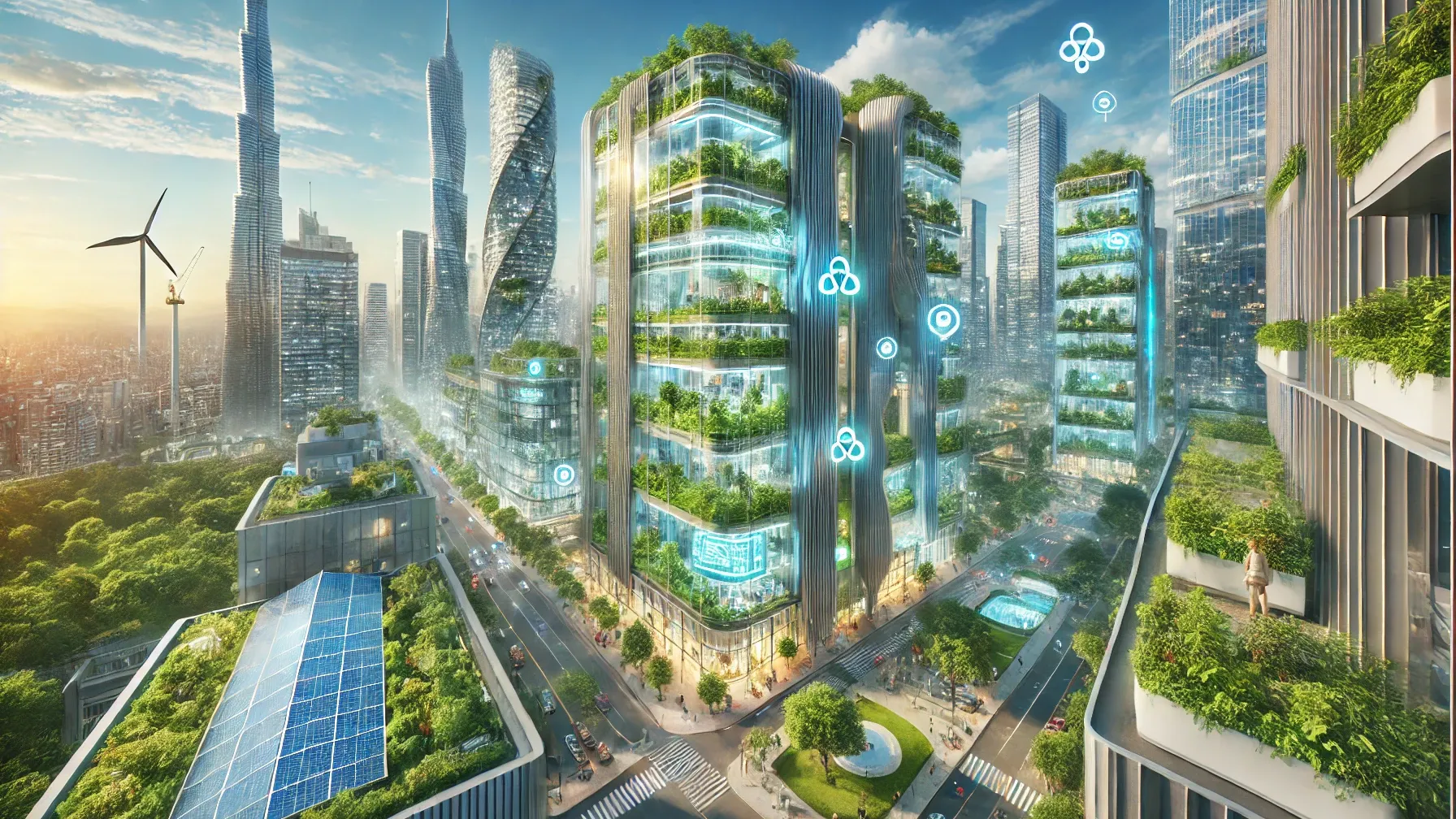 A futuristic, eco-friendly skyscraper with lush vertical gardens and integrated AI-driven systems, located in a bustling modern cityscape