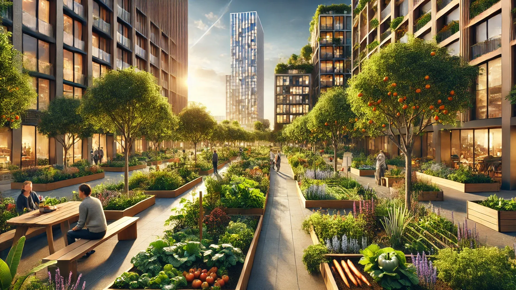 A vibrant urban edible landscape in a modern city