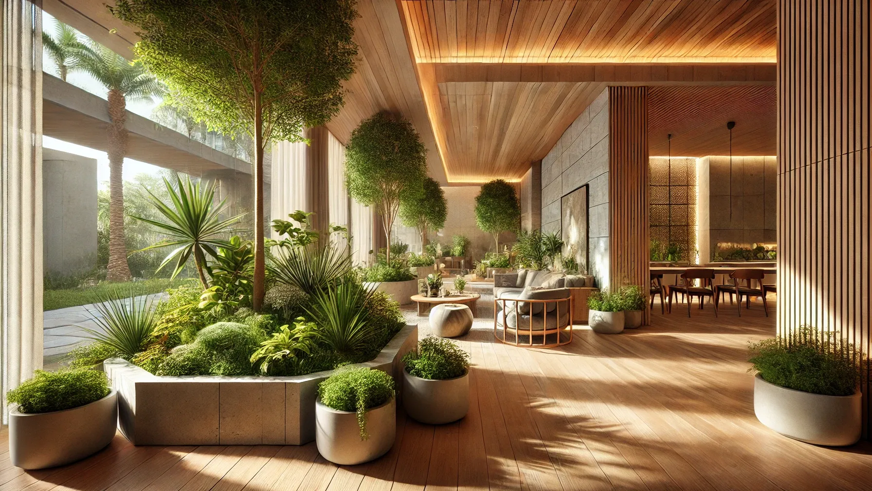 An inviting interior space showcasing practical biophilic design elements in a residential setting. The scene features a modern biophilic design with 