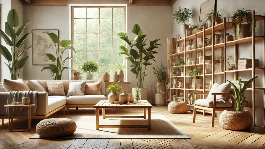 A bright living room showcasing furniture made from natural materials such as bamboo and reclaimed wood