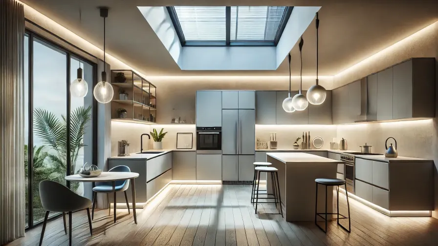 A contemporary kitchen with energy efficient LED lighting 