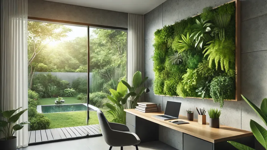 A modern home office with a vertical garden green wall as the focal point