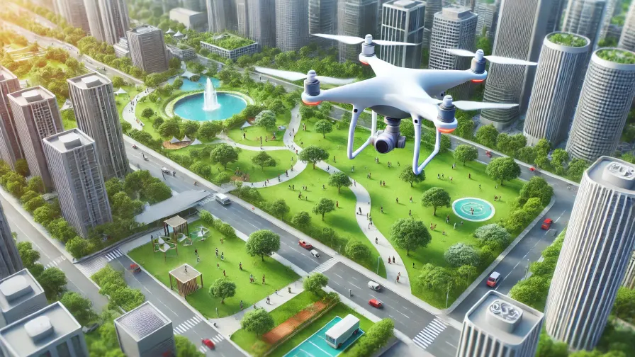 Depict-a-drone-flying-over-an-urban-park