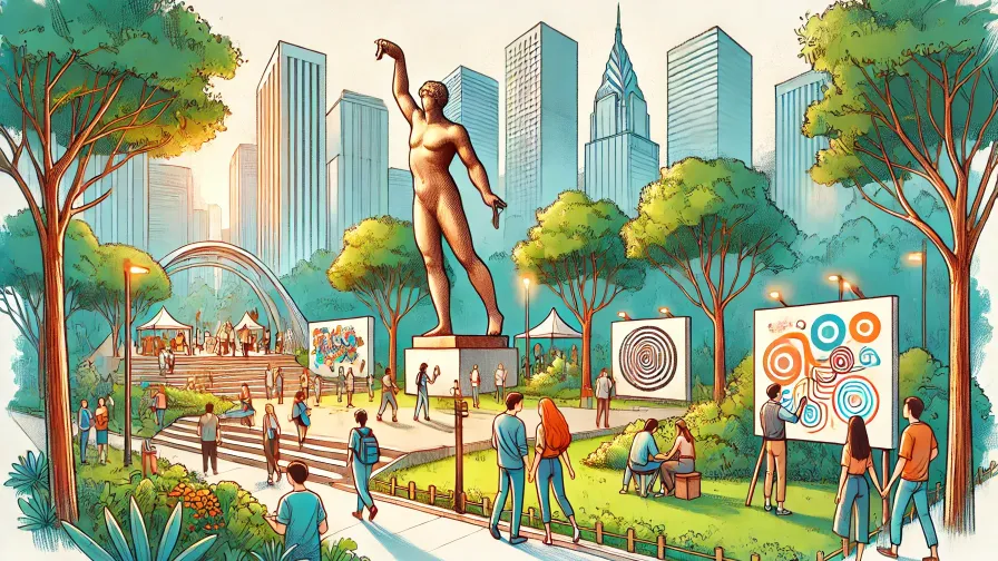 Illustrate-an-urban-park-with-sculptures-murals-and-interact