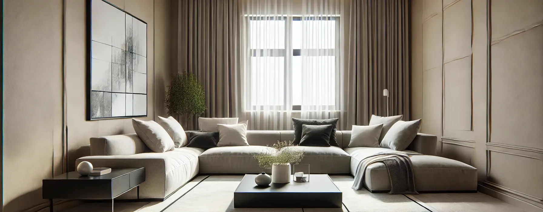 A photorealistic minimalist living room designed with neutral colors