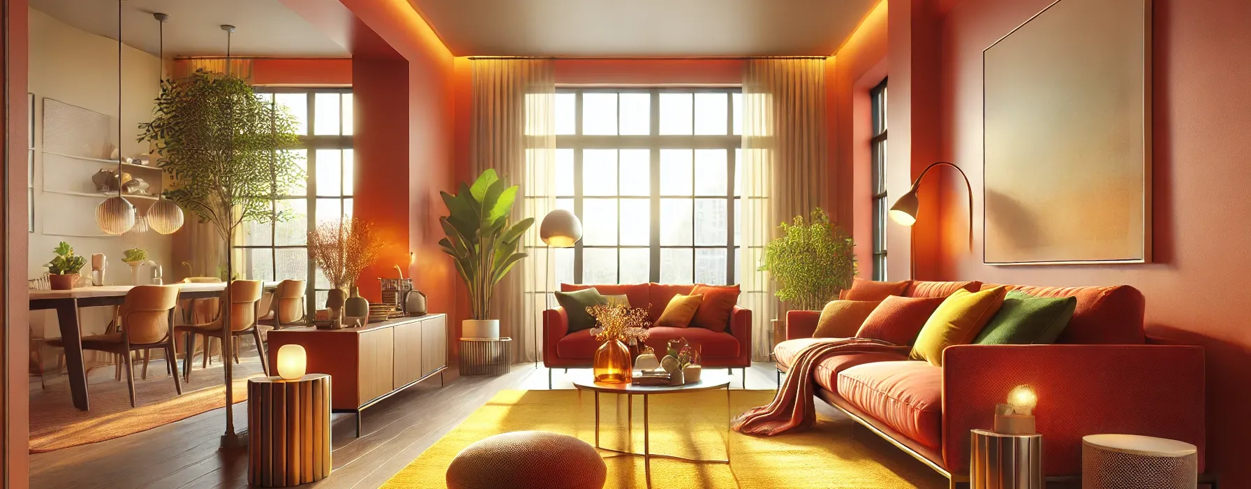 A photorealistic modern living room showcasing warm colors
