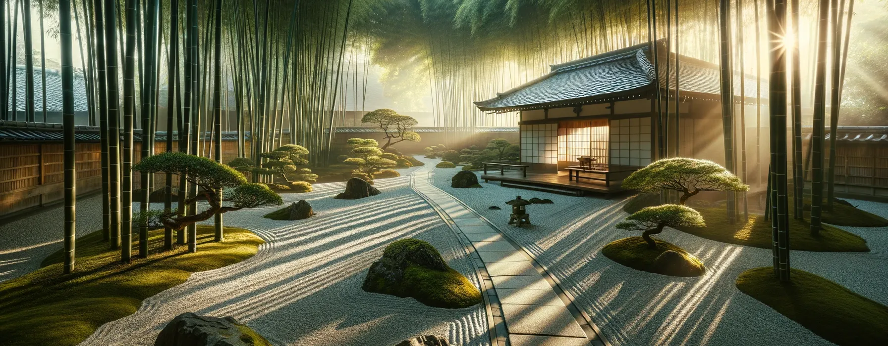 A serene Japanese Zen garden at dawn with soft sunlight filtering through bamboo trees