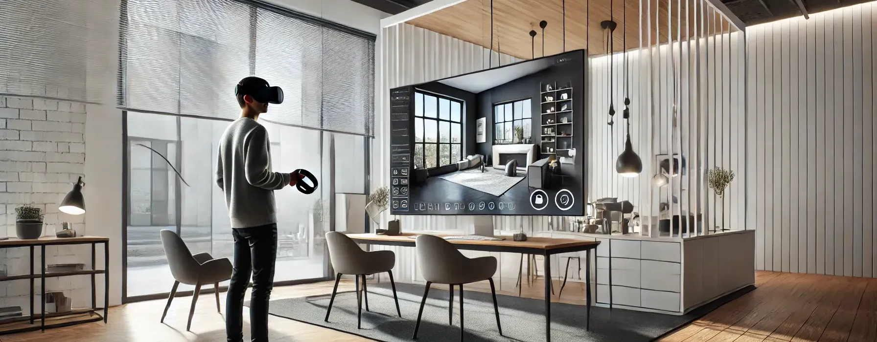 A sleek modern interior design studio with VR equipment