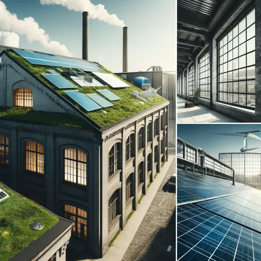 A green roof on an old building, modern solar panels installed on a historic structure