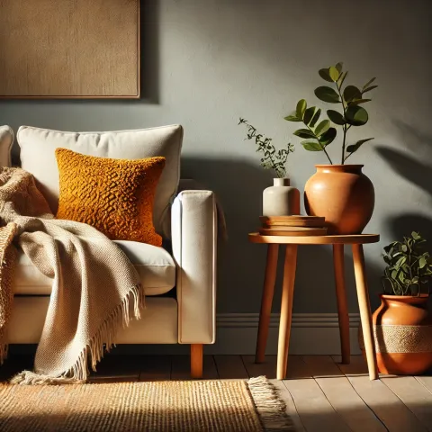 A cozy corner of a living room with a neutral color scheme.