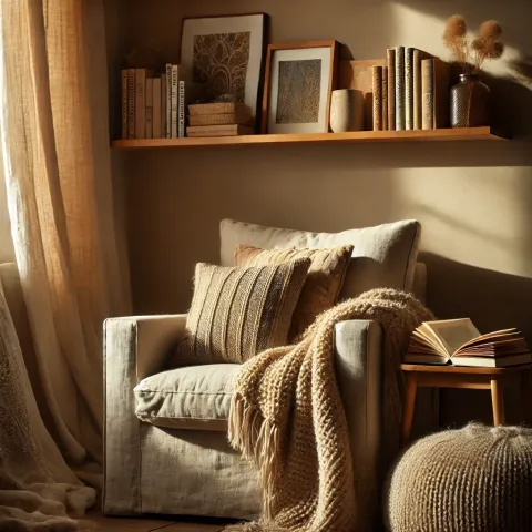 A cozy reading nook with a linen armchair, a woolen throw blanket, and velvet cushions.