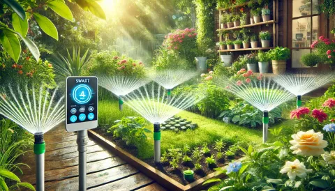 A lush garden with an automated smart sprinkler system