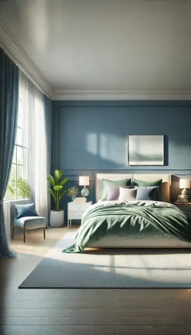 A photorealistic serene bedroom featuring cool colors