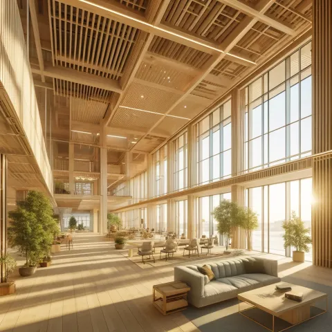 The interior of a timber skyscraper featuring open, spacious areas with exposed wooden beams and CLT panels