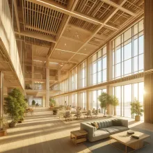 The interior of a timber skyscraper featuring open, spacious areas with exposed wooden beams and CLT panels