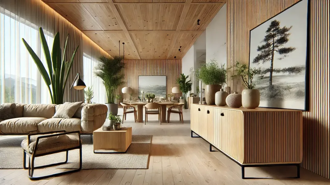 Aaron Poritz Tambour Credenza in a stylish living room showcasing its natural materials
